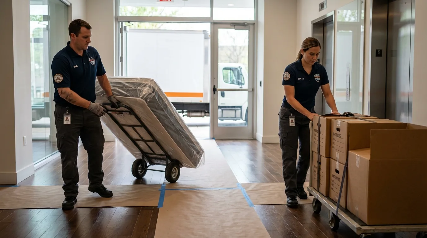 Professional apartment movers loading elevator in Chantilly, VA